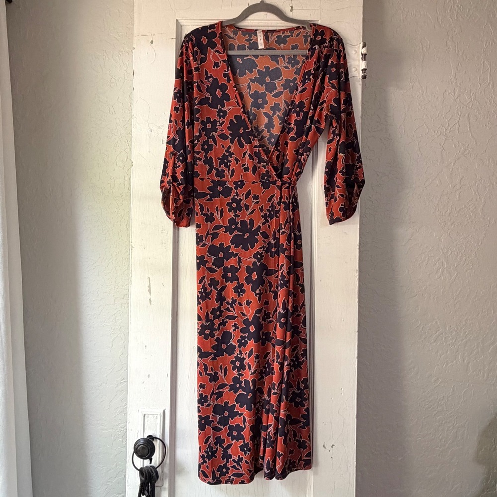 MTS Burnt Orange Navy Blue Floral Wrap Midi Dress Size S